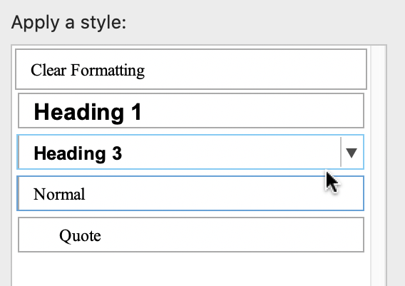 Selecting "Heading 3" from the styles pane.