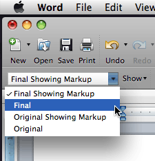 A drop-down menu with the following choices: Final Showing Markup, Final, Original Showing Markup, Original.