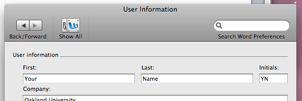 The User Information dialog.